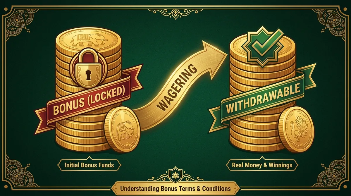 Infographic illustrating locked bonus credits, wagering requirements, and withdrawable funds.